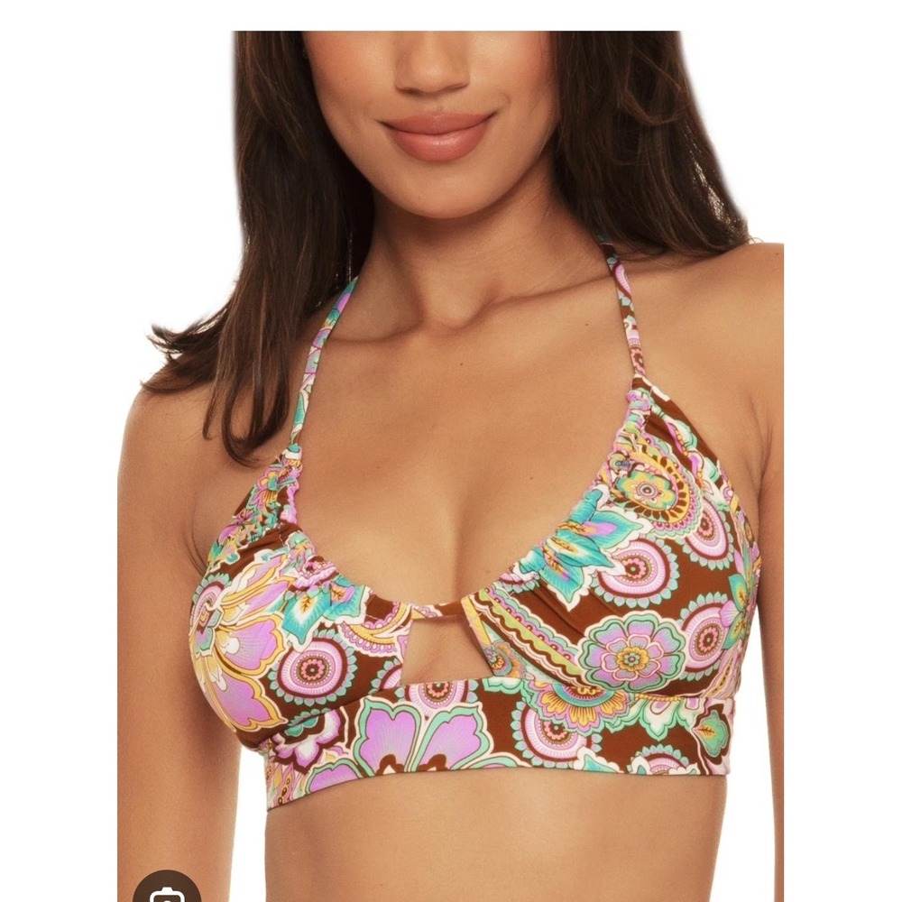 Becca Paisley Floral Halter Bikini Top Brown Purple Tassel Ties Medium NEW